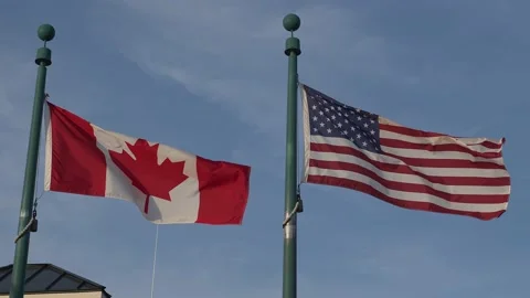 Canada and USA north america flags US country custom border Stock Footage