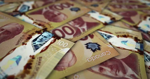 Canada Canadian dollar 100 banknote flying over money surface Stock Footage 230891716