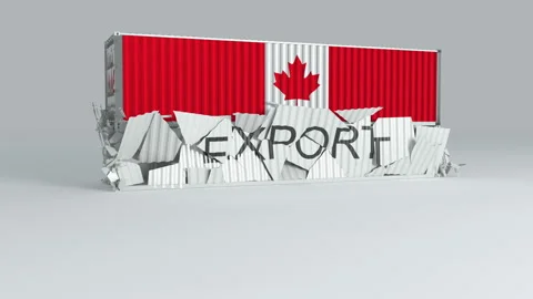 Canada container with the flag falls on top of a container labeled EXPORT Stock Footage 124445549
