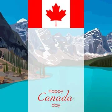 Canada day. Banner with Canada flag, Canada landscape with lake, mountains, pine Stock Illustration