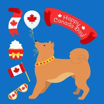 Canada Day cartoon set vector dog glasses balloon Stock Illustration
