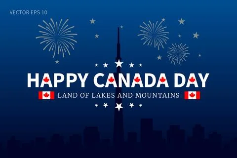 Canada Day Fireworks and Flags with Skyline Stock Illustration