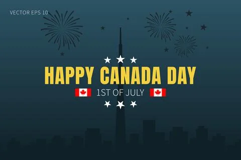 Canada Day Fireworks Poster with Flags and Skyline Stock Illustration