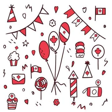 Canada Day. First of July. Set of doodle style symbols and icons in red and Stock Illustration
