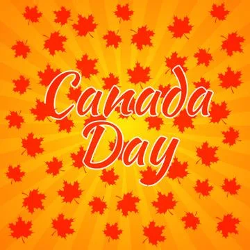 Canada Day. Orange background, rays from the center, red maple leaves Stock Illustration
