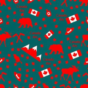 Canada day. Seamless pattern with maple, flag, moose and hat, beaver and bear Stock Illustration