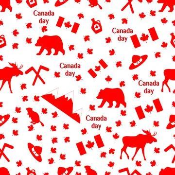 Canada day. Seamless pattern with maple, flag, moose and hat, beaver and bear Illustrazione stock