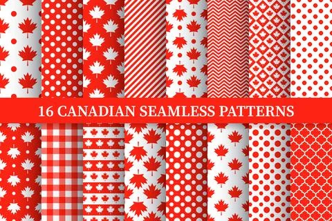 Canada Day seamless patterns set of 16.  Canadian red maple leaves backgrou.. Stock Illustration