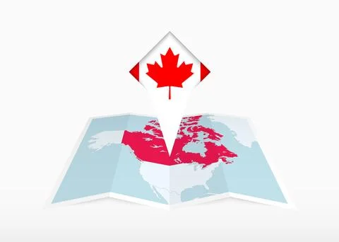 Canada is depicted on a folded paper map and pinned location marker with fl.. Stock Illustration
