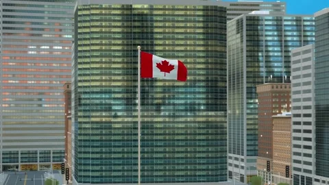 Canada Flag 3D Render Animation on Pole with Modern Business District Buildi Video stock 332879885