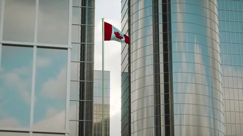 Canada Flag 3D Render Animation on Pole with City Buildings Video stock 332884764