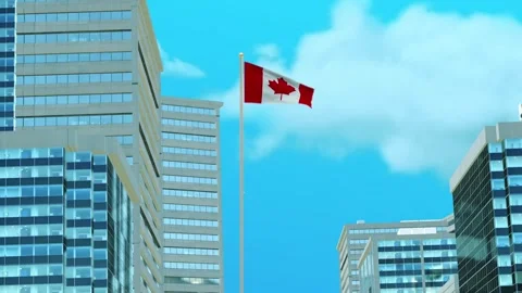 Canada Flag 3D Render Animation with Urban Architecture and Clear Blue Sky Video stock 333052192