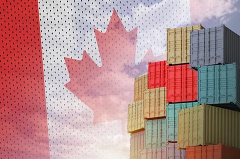 Canada flag and big stack of shipping cargo containers in docks with sky イラスト素材