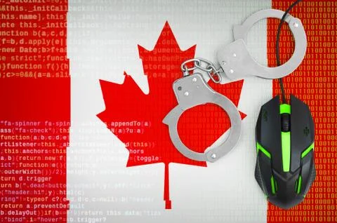 Canada flag  and handcuffed computer mouse. Combating computer crime, hackers Stock-Fotos