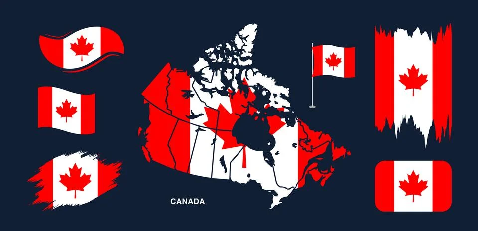 Canada Flag and Map Set with Waving and Brush Stroke Elements イラスト素材