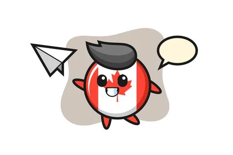 Canada flag badge cartoon character throwing paper airplane Stock Illustration