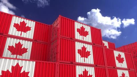 Canada flag containers are located at the container terminal. Canada export o Illustrazione stock
