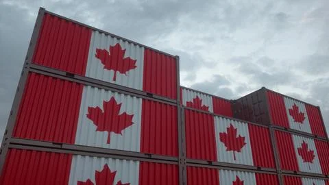 Canada flag containers are located at the container terminal. Canada export.. Illustrazione stock