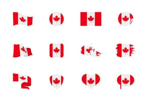 Canada flag - flat collection. Flags of different shaped twelve flat icons. Stock Illustration