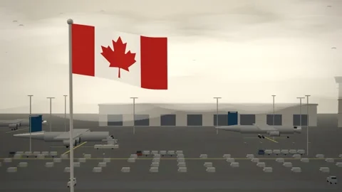 Canada Flag Flying Over Air Cargo Apron Freighters seamless loop Stock Footage 344846145