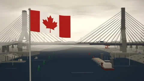 Canada Flag Flying Over Cable Stayed Bridge River seamless loop Stock Footage 345373624