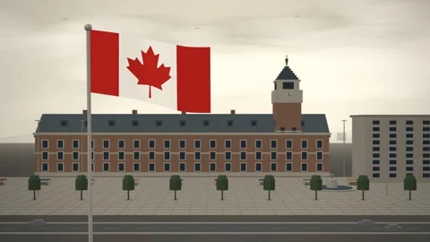 Canada Flag Flying Over City Hall Clock Tower seamless loop Stock Footage 344787257