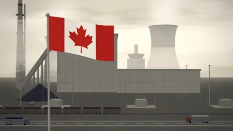 Canada Flag Flying Over Coal Power Station Cooling Towers seamless loop Stock Footage 344786694