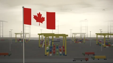 Canada Flag Flying Over Container Terminal Stacking Yard seamless loop Stock-Footage 344781884