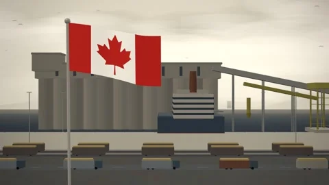 Canada Flag Flying Over Grain Export Terminal Silos seamless loop Stock Footage 345138855