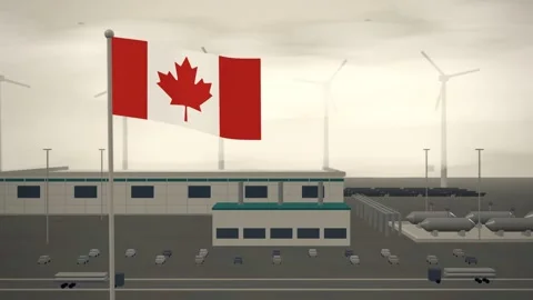 Canada Flag Flying Over Green Hydrogen Electrolyser Plant seamless loop Stock Footage 345309121