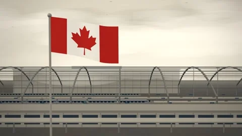 Canada Flag Flying Over High Speed Rail Station seamless loop Stock Footage 344849191