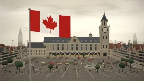 Canada Flag Flying Over Historic Old Town Square seamless loop Stock Footage 345312635