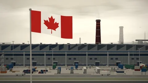 Canada Flag Flying Over Manufacturing Factory Industrial Plant seamless loop Stock Footage 344703230