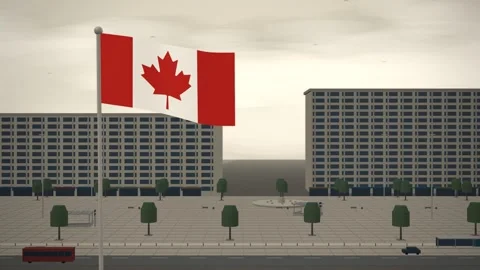 Canada Flag Flying Over Metro Station Entrance Square seamless loop Stock Footage 345378151
