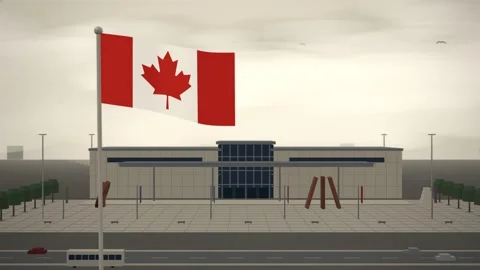 Canada Flag Flying Over Modern Museum Sculpture Court seamless loop Stock Footage 344952904