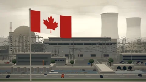 Canada Flag Flying Over Nuclear Power Station Domes seamless loop Stock Footage 344966177