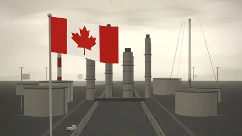 Canada Flag Flying Over Oil Refinery Processing Plant seamless loop Stock Footage 344703167