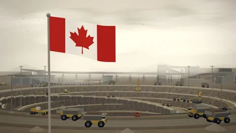 Canada Flag Flying Over Open Pit Mine Terraces seamless loop Stock Footage 345344572