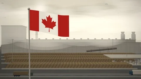 Canada Flag Flying Over Paper Mill Log Yard seamless loop Stock Footage 345379878