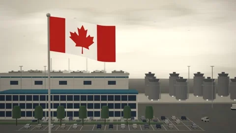 Canada Flag Flying Over Pharmaceutical Plant Tank Farm seamless loop 스톡 동영상 344783966