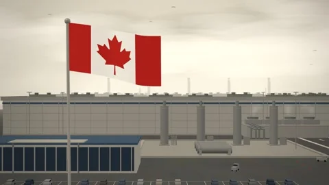 Canada Flag Flying Over Semiconductor Fabrication Plant Cleanroom seamless loop Stock Footage 344782142
