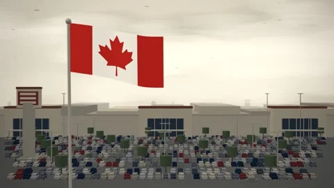 Canada Flag Flying Over Shopping Mall And Car Park seamless loop Stock Footage 345348402