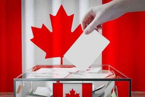 Canada flag, hand dropping ballot card into a box - voting, election concept  Stock-Illustration