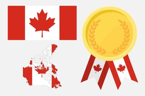Canada flag with map and gold medal in set for web and banners or app and gam Stock Illustration