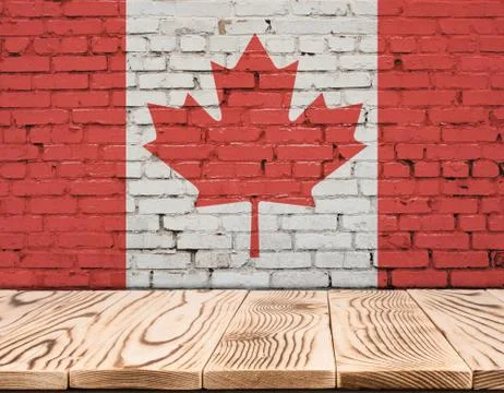 Canada flag painted on brick wall with wooden floor Ilustração Stock