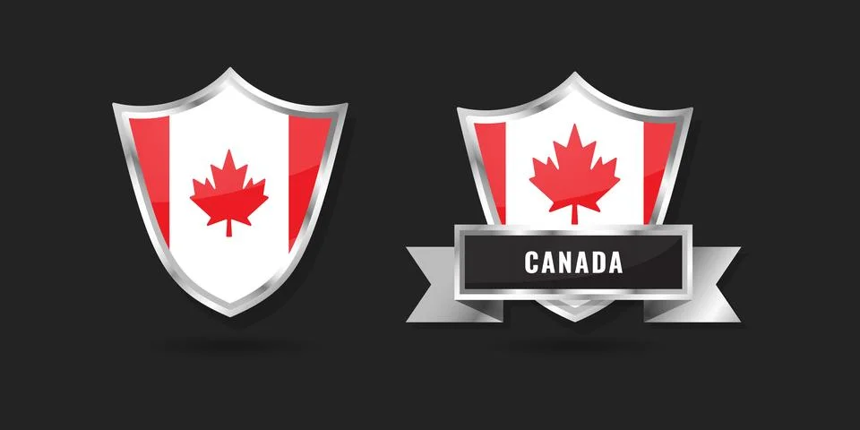 Canada Flag Shield Emblem Set, Glossy Silver Canadian Badges with Ribbon, M.. Stock Illustration