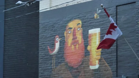 Canada Flag Waves over Arty Graffiti of Man with Beard Drinking Beer with a Bird Vídeo Stock 149218067