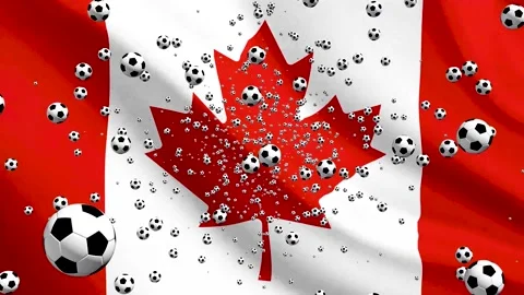 Canada Flag Waving Background with Spinning Soccer Balls Loop Stock Footage 335453750