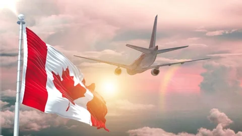 Canada flag Waving Realistic With Sky Plane Takes Off At Sunrise Stock Footage 294598066