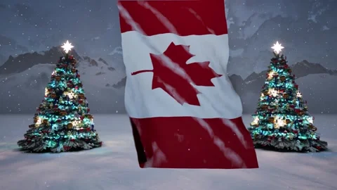 Canada flag waving in a winter environment with two christmas trees, snow 스톡 동영상 292138051
